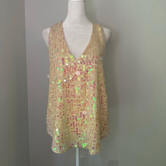 Moulinette Soeurs Anthropologie cream sequin v-neck tank top size 6 - Picture 2 of 12